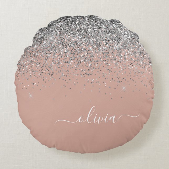 Rose Gold Blush Pink Silver Glitter Monogram Round Cushion (Front)