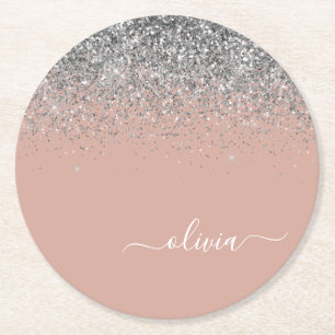 Rose Gold Blush Pink Silver Glitter Monogram Round Paper Coaster