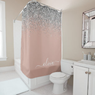 Rose Gold Blush Pink Silver Glitter Monogram Shower Curtain