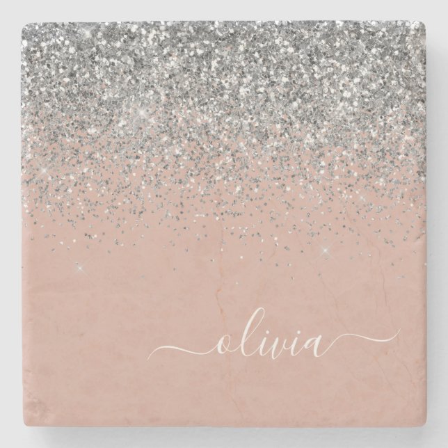 Rose Gold Blush Pink Silver Glitter Monogram Stone Coaster (Front)