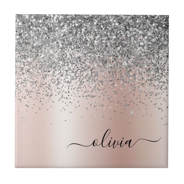 Rose Gold - Blush Pink Silver Glitter Monogram Tile (Front)