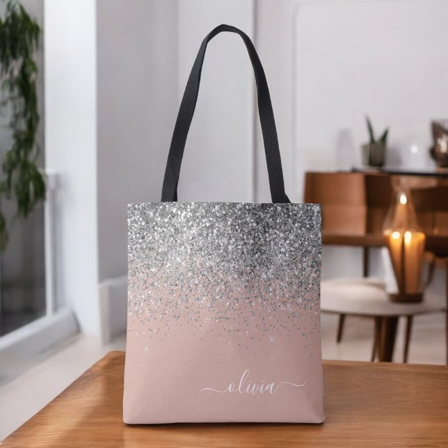 Rose Gold Blush Pink Silver Glitter Monogram Tote Bag (Creator Uploaded)