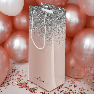 Rose Gold - Blush Pink Silver Glitter Monogram Wine Gift Bag