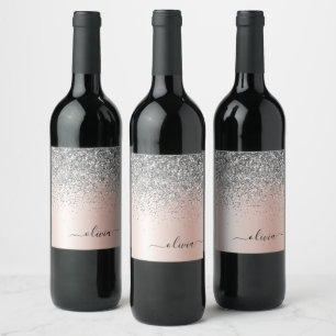 Rose Gold - Blush Pink Silver Glitter Monogram Wine Label