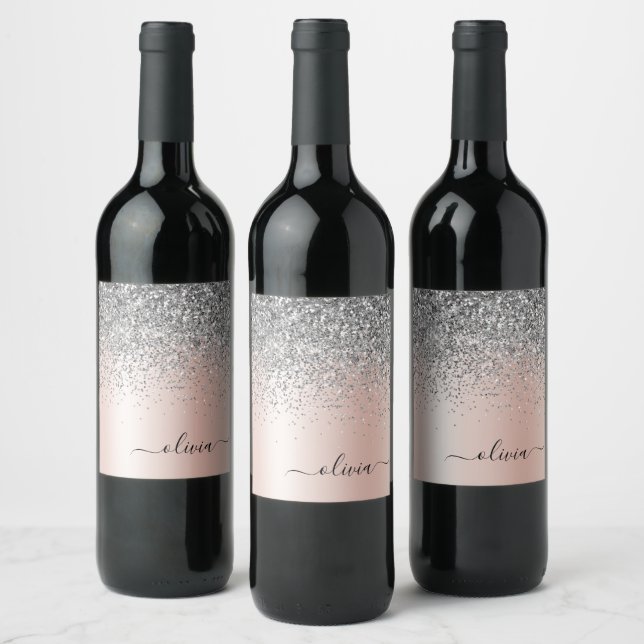 Rose Gold - Blush Pink Silver Glitter Monogram Wine Label (Bottles)