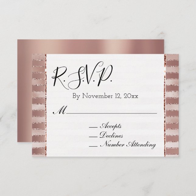 Rose Gold Blush Pink Stripes Glitz Wedding RSVP Enclosure Card (Front/Back)