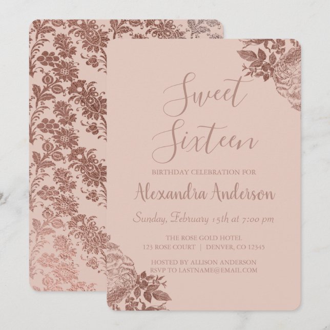 Rose Gold Blush Pink Sweet Sixteen Birthday Invitation (Front/Back)
