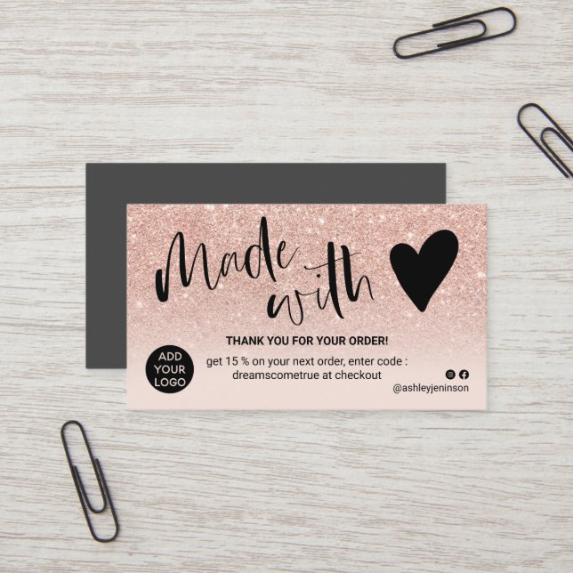 Rose gold blush pink thank you made with love business card (Front/Back In Situ)