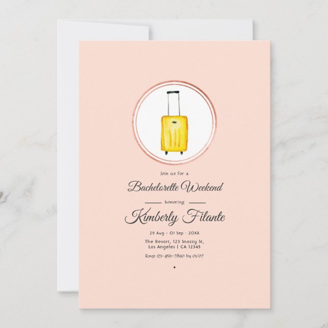 Rose Gold & Blush Pink Travel Bachelorette Weekend Invitation (Front)