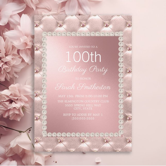 Rose Gold Blush Pink White 100th Birthday Party Invitation (Elegant pink tufted women's 100th birthday party invitation)