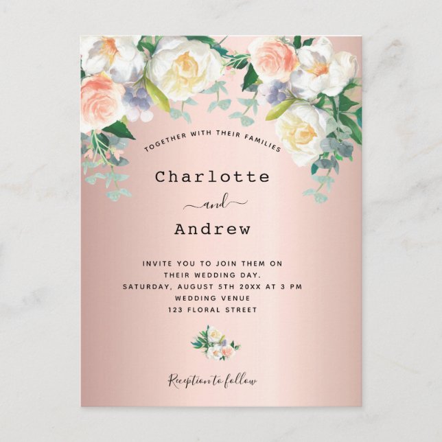 Rose gold blush pink white florals wedding postcard (Front)