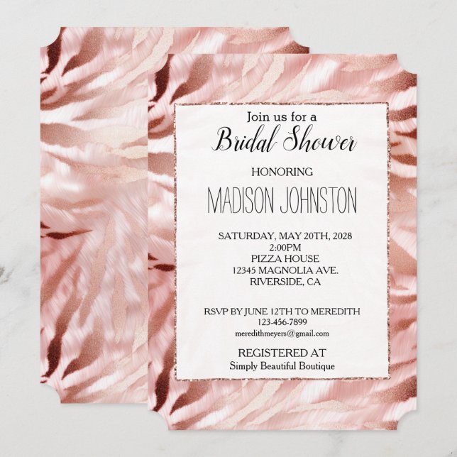 Rose Gold Blush Pink Zebra Invitation (Front/Back)