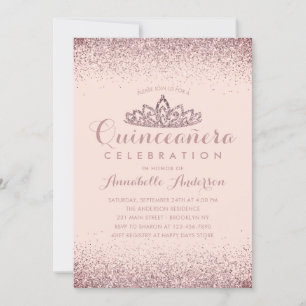 Rose Gold Blush Quinceañera Gold Tiara Glitter Invitation