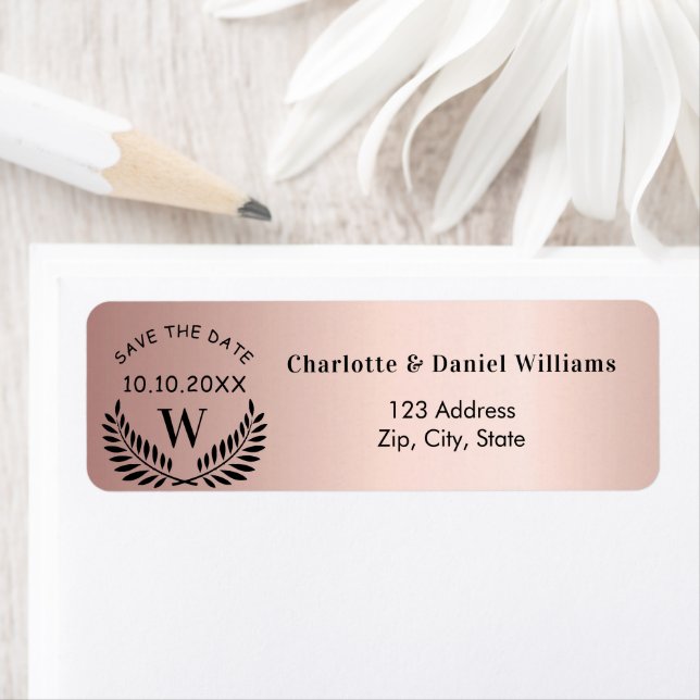 Rose gold blush save the date return address label (Insitu)