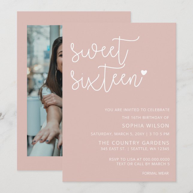 Rose Gold Blush Script Sweet 16 Birthday Photo Inv Invitation (Front/Back)