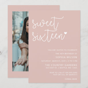 Rose Gold Blush Script Sweet 16 Birthday Photo Inv Invitation