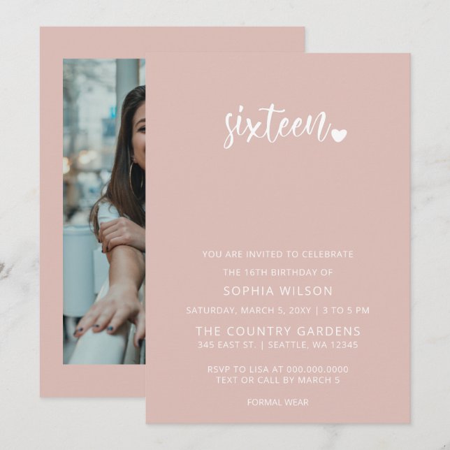 Rose Gold Blush Script Sweet 16 Birthday Photo Invitation (Front/Back)