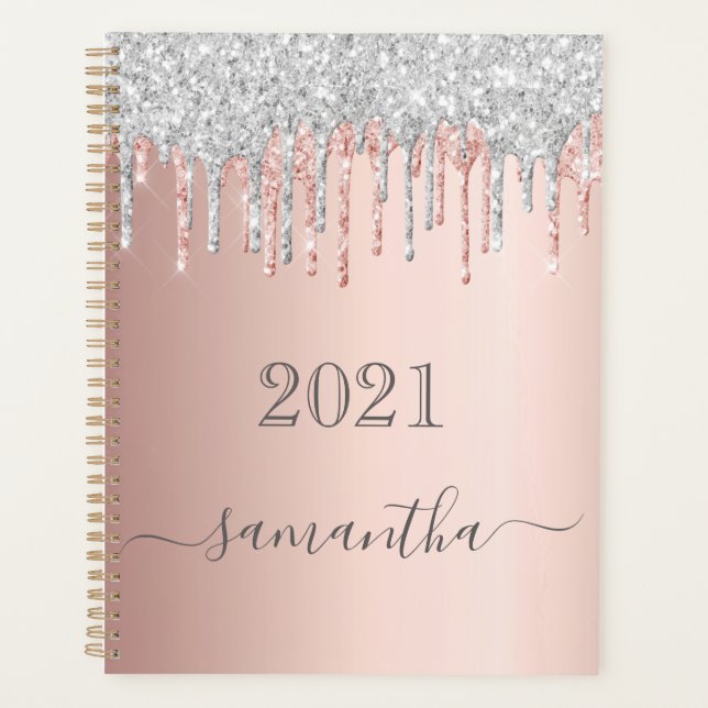 Rose gold blush silver glitter drips monogram planner (Front)