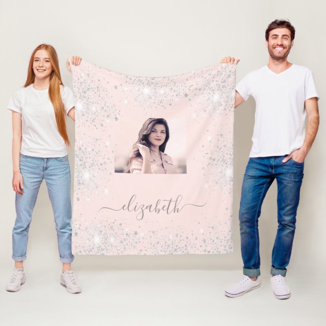 Rose gold blush silver glitter photo name glam fleece blanket (In Situ)