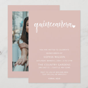 Rose Gold Blush Simple Script Quinceanera Photo  Invitation