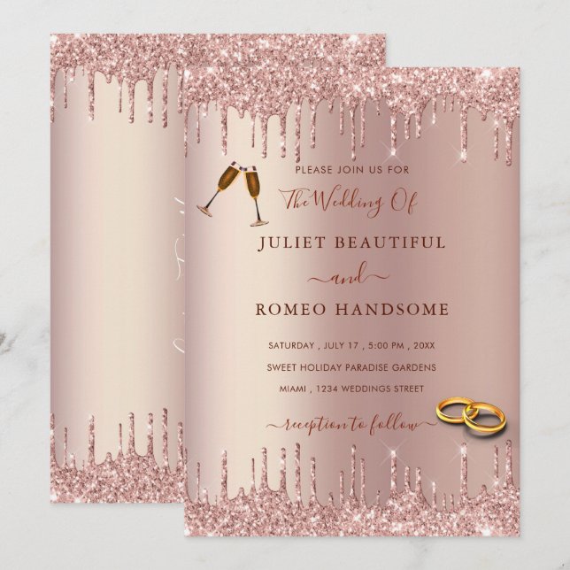 Rose Gold Blush Sparkle Drips Wedding Invitation (Front/Back)