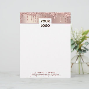 Rose Gold Blush Sparkle Drips Your Logo Stationery Custom Letterhead