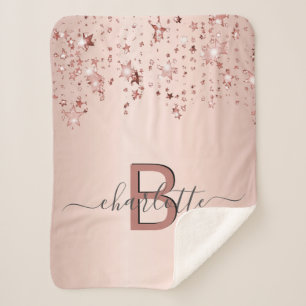 Rose gold blush stars monogram name elegant sherpa blanket