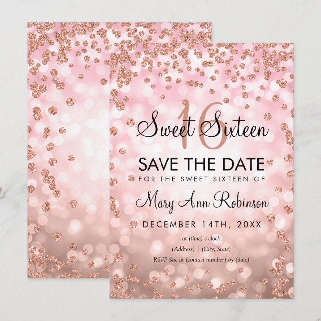 Rose Gold Blush Sweet 16 Save The Date Glitter Invitation (Front/Back)