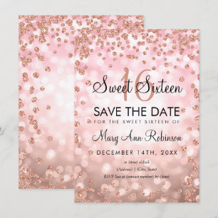 Rose Gold Blush Sweet 16 Save The Date Glitter Invitation