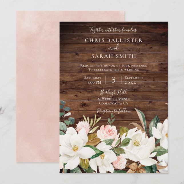 Rose Gold Blush White Rustic Floral Wedding Invitation (Front/Back)