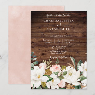 Rose Gold Blush White Rustic Floral Wedding Invitation