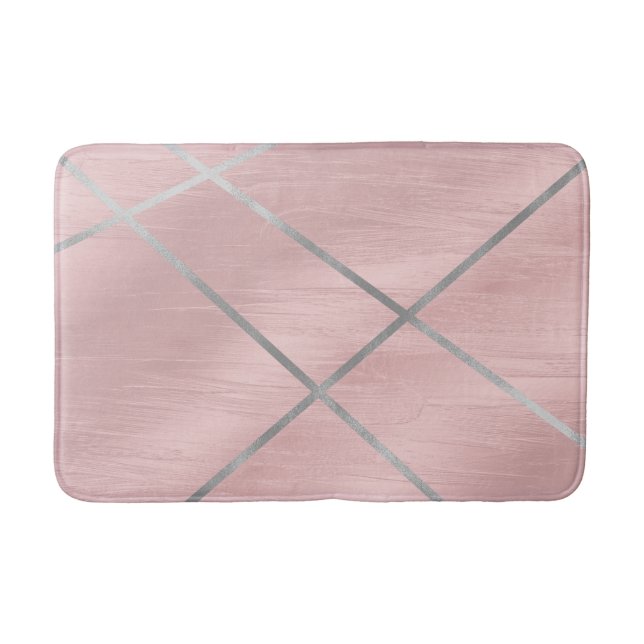 Rose Gold Blushing Pink & Silver Lines Bath Mat (Front)