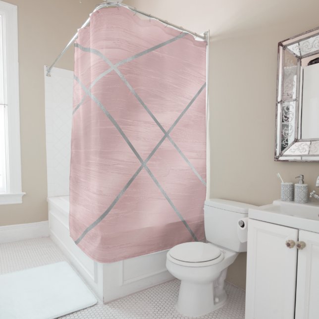 Rose Gold Blushing Pink & Silver Lines Shower Curtain (In Situ)