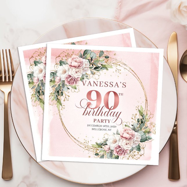 Rose Gold Bohemian Greenery 90th Birthday Party  Napkin (Rose Gold Bohemian Greenery 90th Birthday Party Napkins)