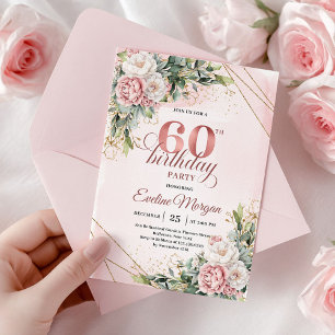Rose Gold Bohemian Watercolor Floral 60th Birthday Invitation