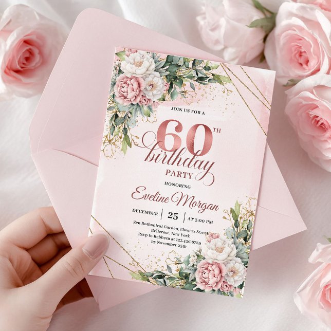 Rose Gold Bohemian Watercolor Floral 60th Birthday Invitation (Rose Gold Bohemian Watercolor Floral 60th Birthday)