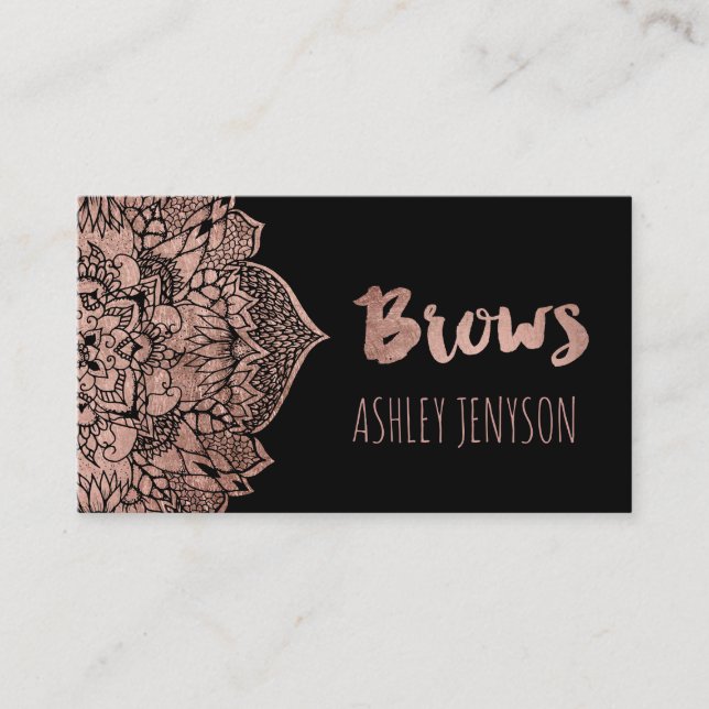 Rose gold boho floral mandala brows typography business card (Front)