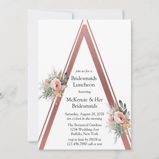 Rose Gold Boho Floral Triangle Bridesmaids Lunch Invitation (Front)