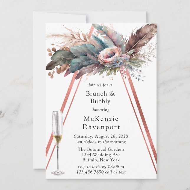 Rose Gold Boho Floral Triangle Brunch & Bubbly Invitation (Front)
