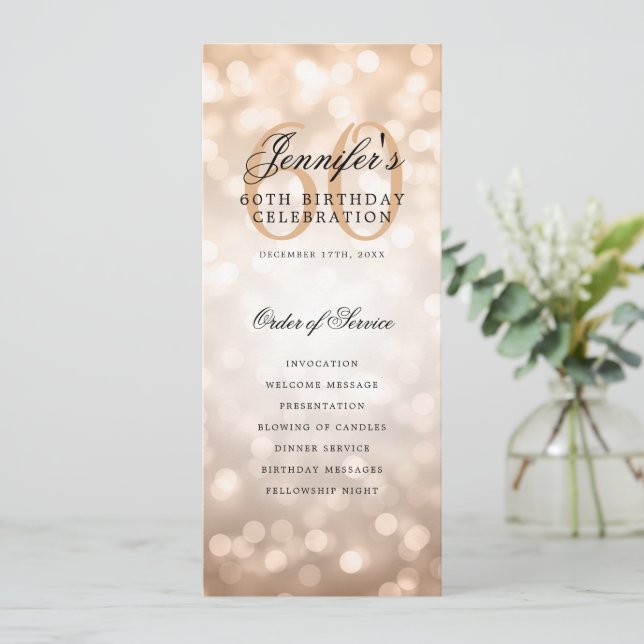 Rose Gold Bokeh 60th Birthday Program w/ Menu Invitation (Standing Front)