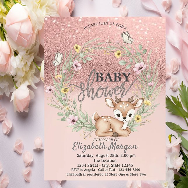 Rose Gold Bokeh,Baby Deer Flowers Baby Shower Invitation (Creator Uploaded)