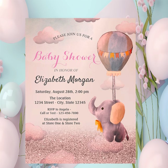 Rose Gold Bokeh,Baby Elephant Balloon Baby Shower  Invitation (Creator Uploaded)