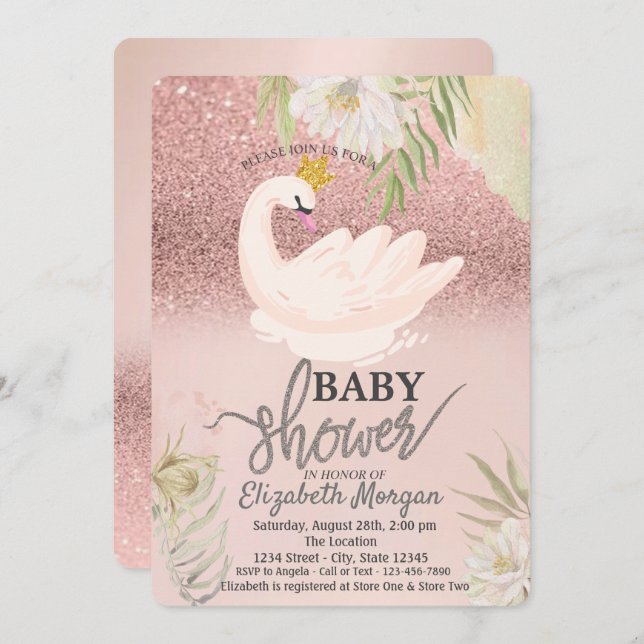 Rose Gold Bokeh,Swan Boho Flowers Baby Shower   Invitation (Front/Back)