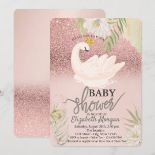 Rose Gold Bokeh,Swan Boho Flowers Baby Shower   Invitation