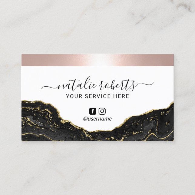 Rose Gold Border Modern Black & Gold Marble Business Card (Front)