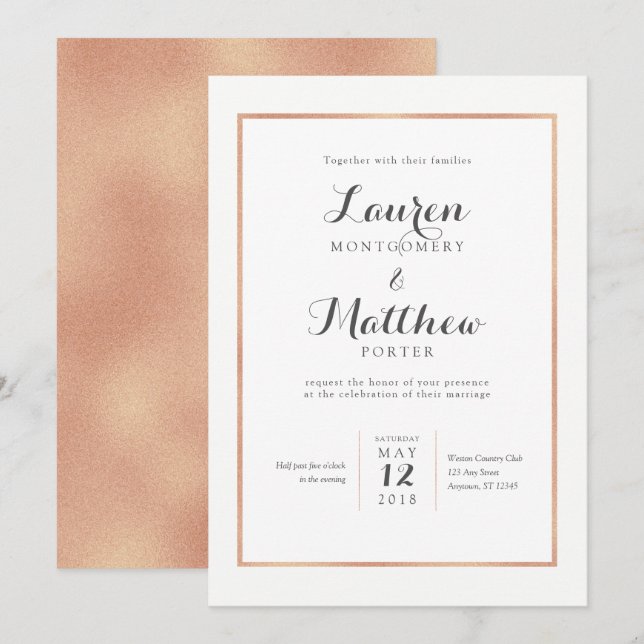 Rose Gold Border Modern Wedding Invitation (Front/Back)
