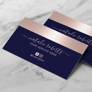 Rose Gold Border Navy Blue Modern Salon Spa Business Card