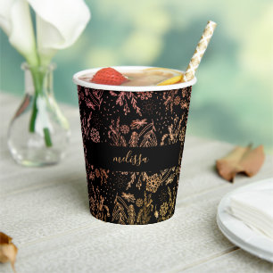 Rose Gold Botanical Doodle Pattern Signature Paper Cups