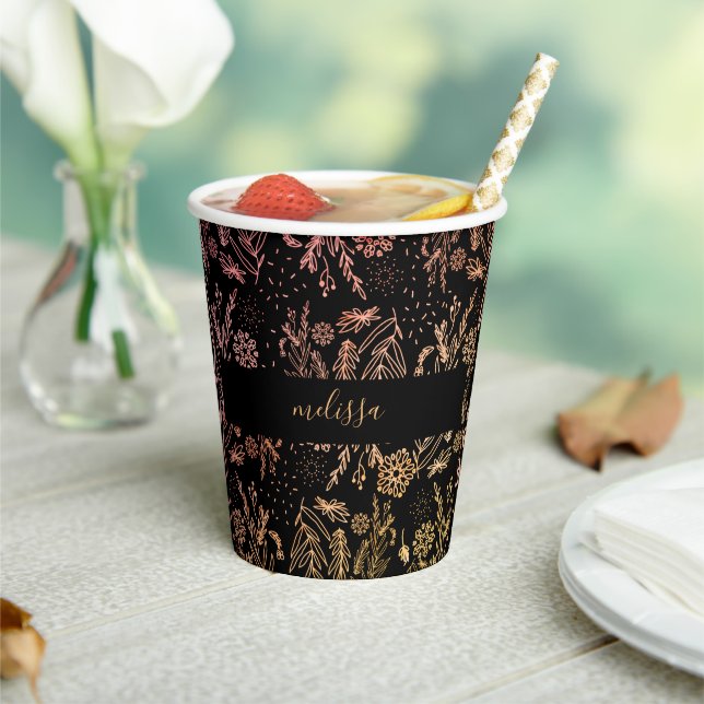 Rose Gold Botanical Doodle Pattern Signature Paper Cups (Insitu)