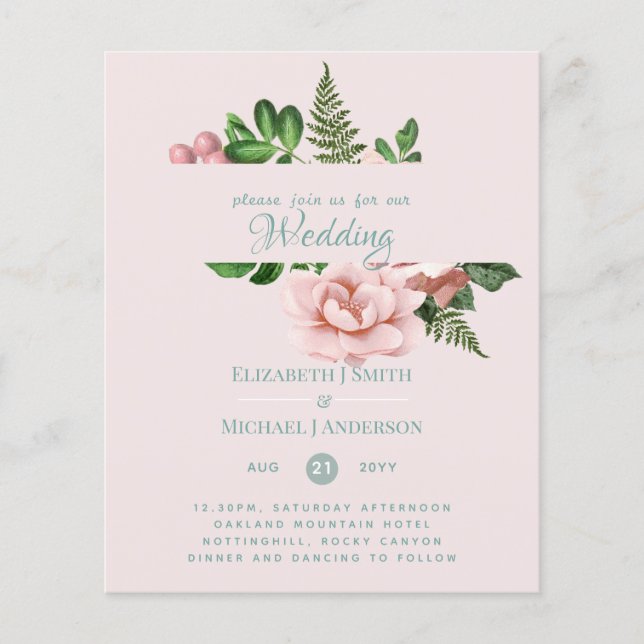 Rose Gold Botanical Floral Budget Wedding Invites (Front)